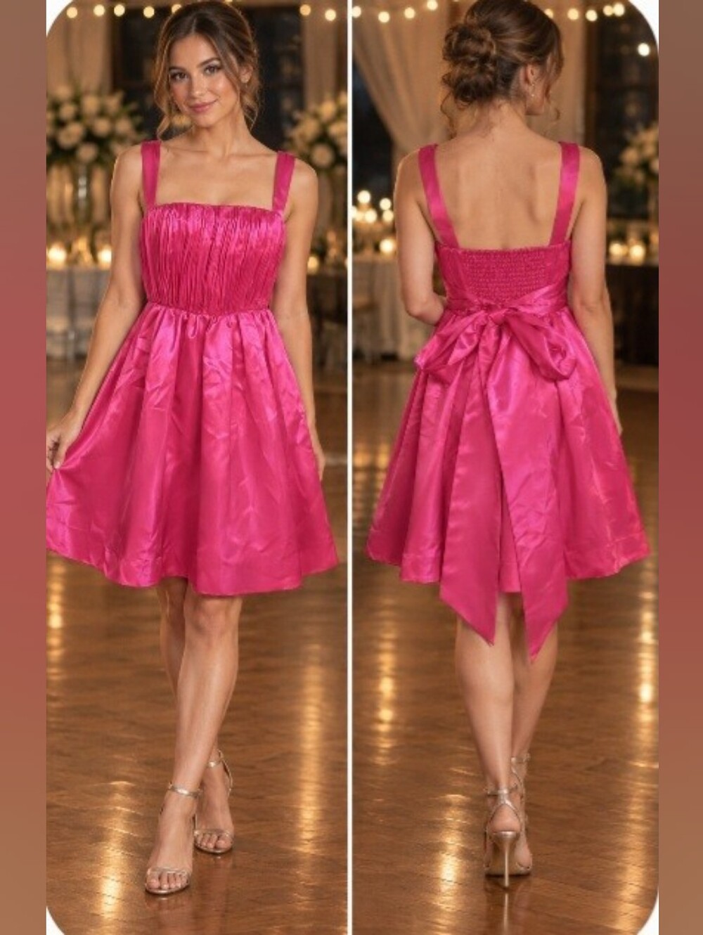 Maeve Hot Pink Satin Smocked Mini Dress with Back Bow